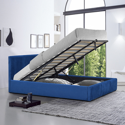 Blue Velvet Upholstered Gas Lift Storage Bed Bahan Kayu Lapis Ukuran King