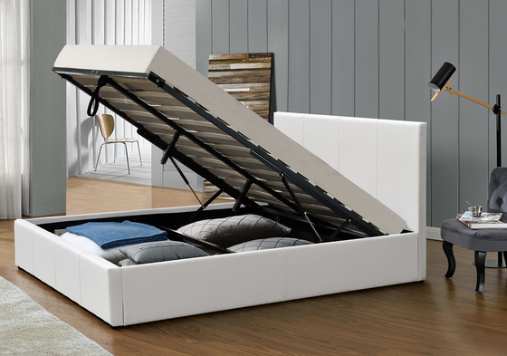 Mudah Merakit Gas Lift Storage Bed PU Leather Upholstered Plywood Bed Frame
