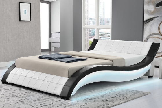 Bingkai Tempat Tidur Kayu Lapis Berlapis Bentuk Gelombang Kulit PU Dengan LED Kedua Sisi Rel