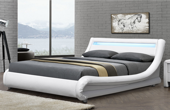 PU Plywood Upholstered Sleigh Bed Frame Dengan Headboard LED RGB