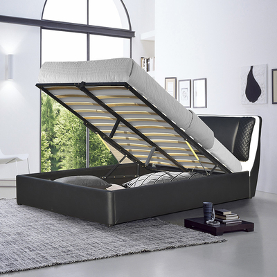 SUNNY Classic Black PU Leather Bed Rangka Tempat Tidur Kayu Dengan Penyimpanan Angkat