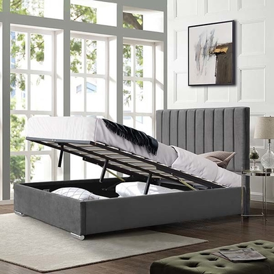 Grey Velvet Ottoman Gas Lift Storage Bed Kulit Imitasi Dengan Headboard Tinggi