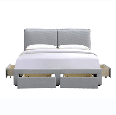 Tempat Tidur Penyimpanan Berumbai Linen Abu-abu Muda 180x200cm Headboard Kantong Udara Ganda Dengan Empat Laci