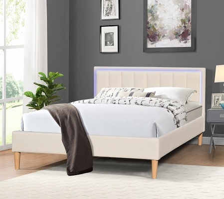 Queen Size Linen Fabric Wood Upholstered Bed Dengan Lampu LED Headboard