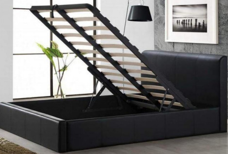 Tempat Tidur Kulit Sintetis Headboard Tinggi Tempat Tidur Penyimpanan Lift Gas Ukuran Penuh