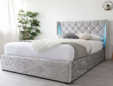 Queen Size Abu-abu Hancur Tempat Tidur Kayu Lapis Beludru Dengan Headboard Lampu LED Kedua Sisi