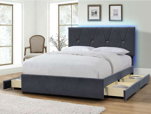 Produsen Tempat Tidur Kayu Pelapis Empat Laci Penyimpanan Ukuran King Dengan Headboard LED