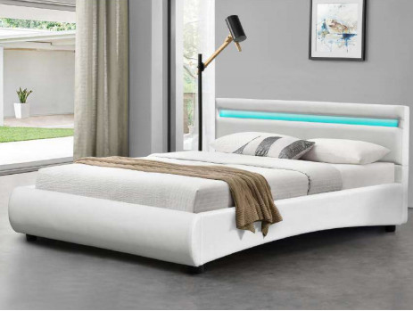 EN-1725 Rangka Tempat Tidur Kulit PU Putih Modern Dengan Lampu LED Remote Control