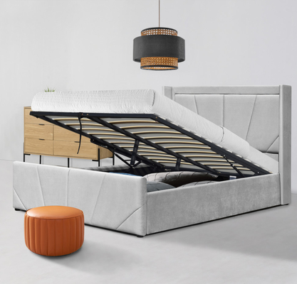 Rangka Tempat Tidur Penyimpanan Platform OEM Kain Abu-abu Muda Dengan Headboard Bersayap Berlapis