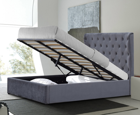 King Size 500lbs Gas Lift Storage Bed Grey Velvet Fabric Tufted Button di kepala