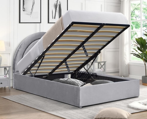 Detail Berorientasi Gas Lift Storage Bed Curved Shape Rainbow Headboard Kain abu-abu