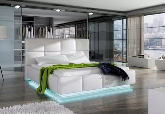 Penyimpanan Mewah Tempat Tidur Platform Eropa Modern Kulit Imitasi Putih Dengan Lampu LED 180 * 200cm