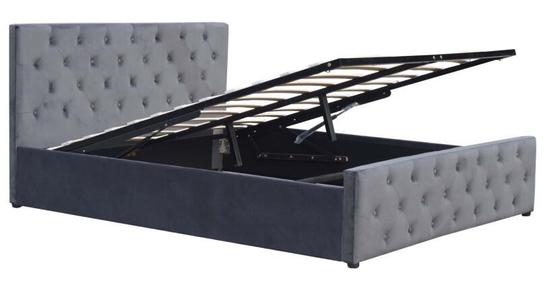 Double Gas Lift Storage Bed Fabric Kayu Lapis Tempat Tidur Berlapis Beludru Abu-abu Muda Kecil