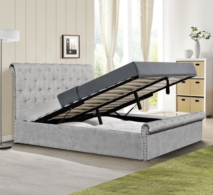 Rangka Tempat Tidur Ganda Kayu Lapis Chenille Ottoman Dengan Penyimpanan Bentuk Giring Ukuran Penuh
