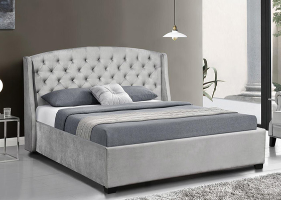 Rangka Tempat Tidur Kayu Lapis Wingback Berlapis Abu-abu Tua Sayap Beludru Kepala Tempat Tidur Queen King