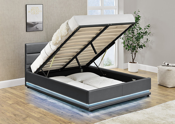 Tempat Tidur Penyimpanan Kulit Abu-abu Dengan LED Di Headboard