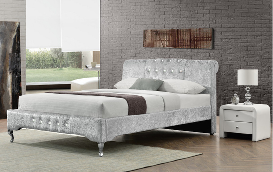 Tempat Tidur Penyimpanan Berumbai Ukuran Ganda Mewah Serat Sliver Crystal Button Gaya Eropa