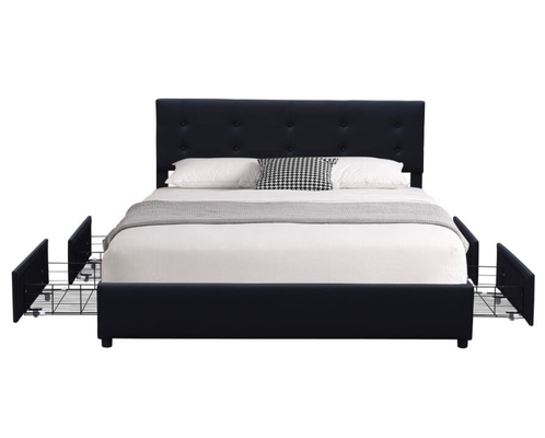 Queen Upholstered Bed Frame White Faux Leather Metal Empat Laci