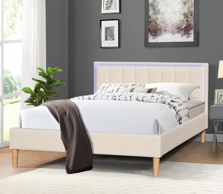 Double Size Linen Fabric Wood Upholstered Bed Dengan Lampu LED Headboard