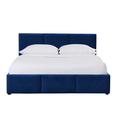 Blue Velvet Upholstered Gas Lift Storage Bed Bahan Kayu Lapis Ukuran King