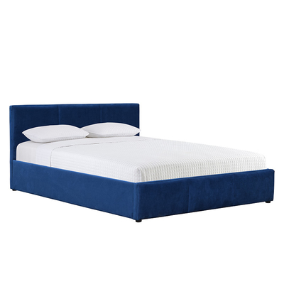 Blue Velvet Upholstered Gas Lift Storage Bed Bahan Kayu Lapis Ukuran King