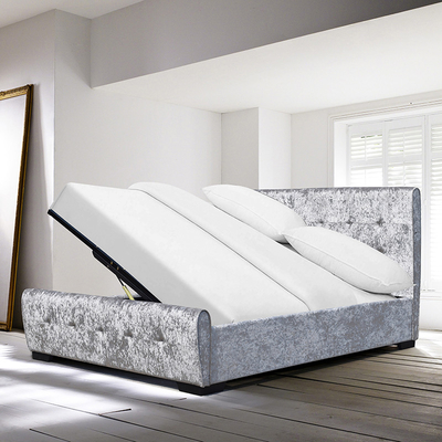 OEM ODM Tempat Tidur Penyimpanan Terbuka Tombol Kristal Tufted Silver Crush Velvet Side