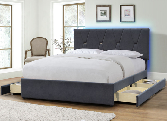 Tempat Tidur Penyimpanan Kayu Pelapis Empat Laci Ukuran Queen Dengan Headboard LED