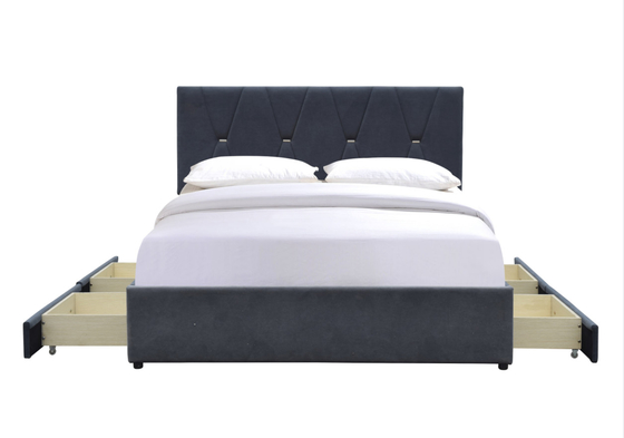 Tempat Tidur Penyimpanan Kayu Pelapis Empat Laci Ukuran Queen Dengan Headboard LED
