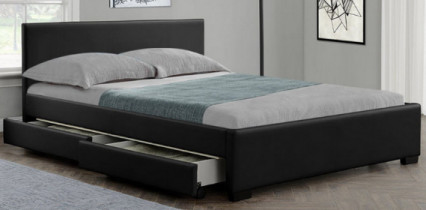 Bingkai Tempat Tidur Berlapis LED Cerah Dengan Laci Penyimpanan Kain PU Hitam