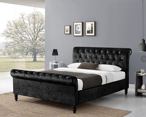 Rangka Tempat Tidur Sleigh Hitam Kayu Lapis Berlapis Dengan Tombol Dimond Headboard / Footboard
