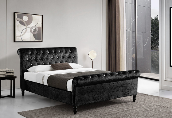 Rangka Tempat Tidur Sleigh Hitam Kayu Lapis Berlapis Dengan Tombol Dimond Headboard / Footboard