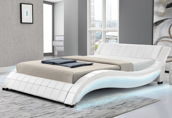 Bingkai Tempat Tidur Kayu Lapis Berlapis Bentuk Gelombang Kulit PU Dengan LED Kedua Sisi Rel