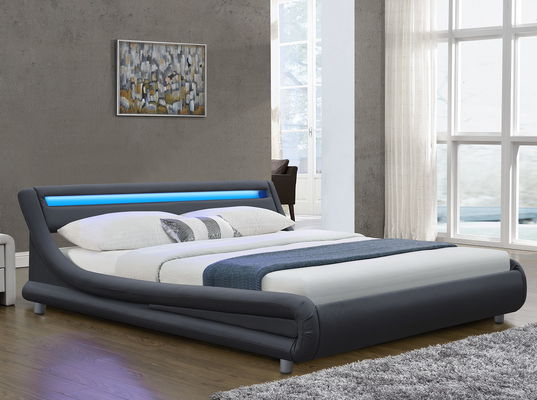 PU Plywood Upholstered Sleigh Bed Frame Dengan Headboard LED RGB