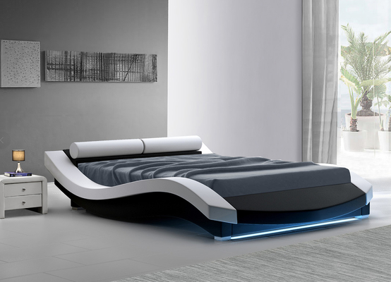 Bentuk Gelombang Bingkai Tempat Tidur Berlapis PU Kulit Kayu Lapis Dengan Alas Kaki LED
