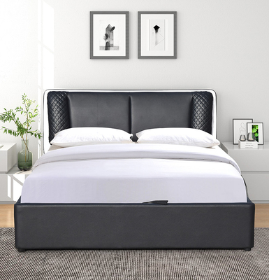 SUNNY Classic Black PU Leather Bed Rangka Tempat Tidur Kayu Dengan Penyimpanan Angkat