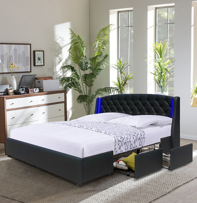 Modern Queen Size MDF Kayu Tempat Tidur Ganda Dengan Kotak Penyimpanan 4 Laci