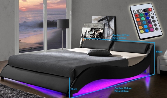 King Size Soft Upholstered Bed Frames PU Synthetic Leather Curve Shape Dengan Headboard LED