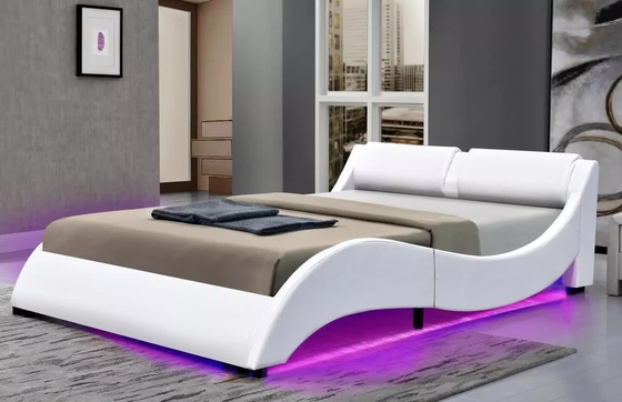 King Size Soft Upholstered Bed Frames PU Synthetic Leather Curve Shape Dengan Headboard LED