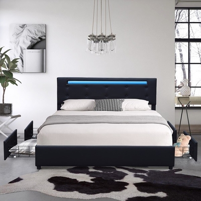 Queen Upholstered Platform Bed Frame Black Faux Leather Metal Empat Laci Dengan Lampu LED