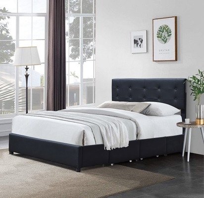 Queen Upholstered Platform Bed Frame Black Faux Leather Metal Empat Laci Dengan Lampu LED