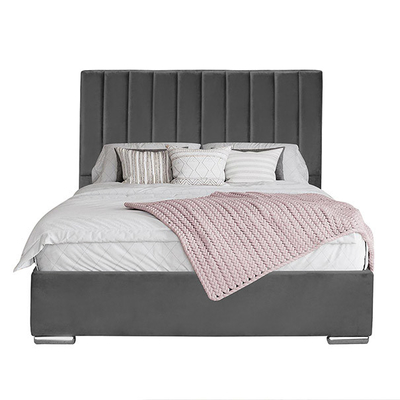 Grey Velvet Ottoman Gas Lift Storage Bed Kulit Imitasi Dengan Headboard Tinggi