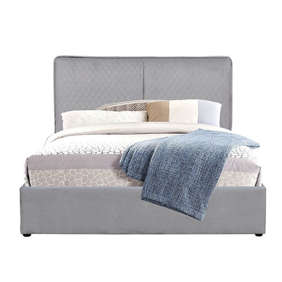 Tempat Tidur Penyimpanan Gas Lift Ukuran Raja Abu-abu Muda Kulit PU Dengan Headboard Bantal Ganda
