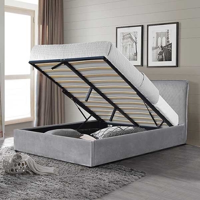 Tempat Tidur Penyimpanan Gas Lift Ukuran Raja Abu-abu Muda Kulit PU Dengan Headboard Bantal Ganda