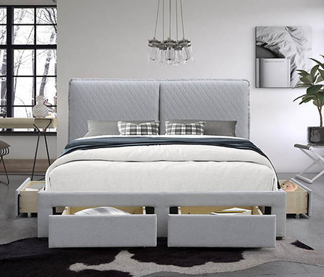 Tempat Tidur Penyimpanan Berumbai Linen Abu-abu Muda 180x200cm Headboard Kantong Udara Ganda Dengan Empat Laci