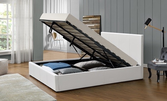 Mudah Merakit Gas Lift Storage Bed White PU Leather Upholstered Plywood Bed Frame
