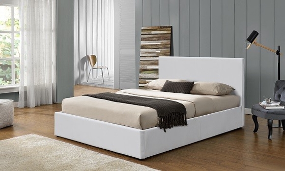 Mudah Merakit Gas Lift Storage Bed White PU Leather Upholstered Plywood Bed Frame