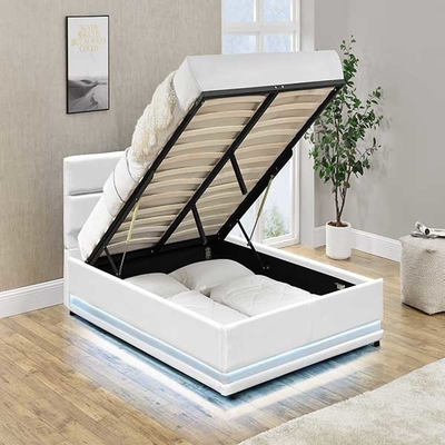 Putih 150x200 CM Platform LED Bed Frame Pengangkatan Gas Otomatis Dengan Kotak Penyimpanan