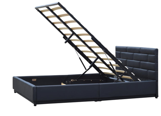 Kulit Ottoman Hitam 4ft6 Berlapis Rangka Tempat Tidur Ganda Tempat Tidur Penyimpanan Gas
