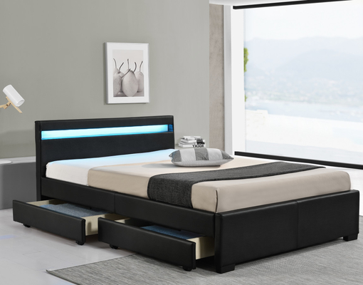 Tempat Tidur Berlapis Kulit Imitasi Hitam Ukuran Ganda Dengan Lampu Remote Control Nirkabel