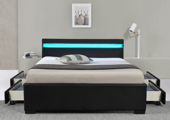 Tempat Tidur Berlapis Kulit Imitasi Hitam Ukuran Ganda Dengan Lampu Remote Control Nirkabel